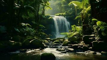 ein majestätisch Wasserfall umgeben durch beschwingt Grün im ein heiter Wald Rahmen ai generiert foto