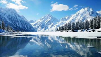 ein heiter See eingebettet inmitten schneebedeckt Berge und majestätisch immergrün Bäume ai generiert foto