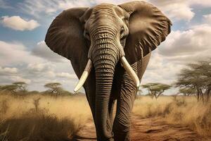 ein majestätisch Elefant Gehen entlang ein staubig Straße ai generiert foto