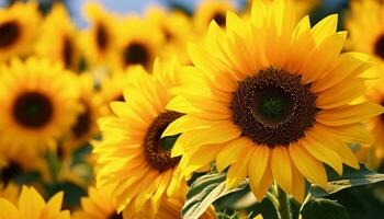 ein beschwingt Feld von Sonnenblumen Dehnen gegenüber das Himmel ai generiert foto