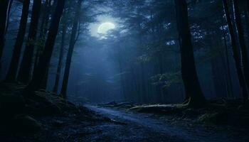 ein mysteriös Wald Weg umhüllt im Dunkelheit ai generiert foto