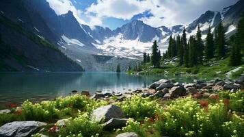 ein heiter Berg See mit beschwingt Blumen und felsig Umfeld ai generiert foto