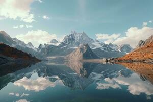 ein Körper von Wasser mit Berge im das Hintergrund ai generiert foto