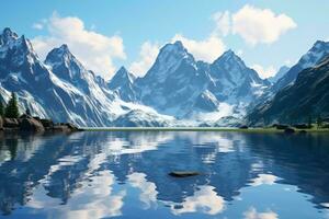 ein Körper von Wasser mit Berge im das zurück ai generiert foto