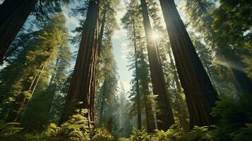 hoch Bäume im ein Wald mit Redwood National und Zustand Parks im das Hintergrund ai generiert foto