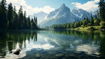 ein See mit Bäume und Berge im das Hintergrund ai generiert foto