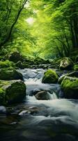 ein Fluss mit Felsen und Bäume ai generiert foto