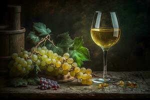 Glas von trocken Weiß Wein reif Trauben und Glas auf Tabelle im Weinberg. neural Netzwerk ai generiert foto