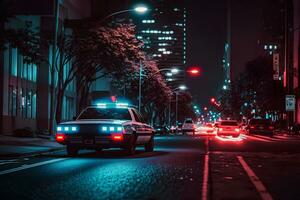 Blau Licht Blinker oben auf von ein Polizei Wagen. Stadt Beleuchtung auf das Hintergrund. neural Netzwerk ai generiert foto