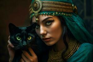 schön orientalisch Frau und schwarz Katze. neural Netzwerk ai generiert foto