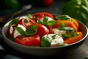Italienisch Caprese Salat mit geschnitten Tomaten, Mozzarella Käse, Basilikum und Olive Öl. neural Netzwerk ai generiert foto