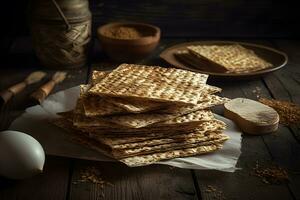 Pesah Feier Konzept jüdisch Passah Urlaub. Matze Brot. neural Netzwerk ai generiert foto
