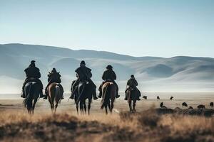 ethnisch Mongolen im das Steppe auf zu Pferd. neural Netzwerk ai generiert foto