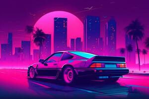 futuristisch retro Welle Synth Welle Wagen. Retrowave Stil. neural Netzwerk ai generiert foto