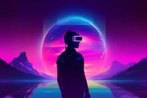 Mann im virtuell Wirklichkeit Brille im Neon- Synthwave Stil. neural Netzwerk ai generiert foto