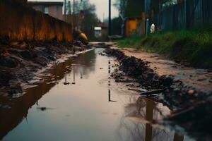 gebrochen Rohr Das Leckagen Wasser, Wasser Leck von Öffentlichkeit Verbrauch Rohr. neural Netzwerk ai generiert foto