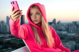 blond Mädchen im Rosa Kleider macht ein Selfie. neural Netzwerk ai generiert foto
