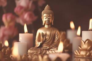 Meditation Buddha Statue mit Kerzen und Lotus. neural Netzwerk ai generiert foto