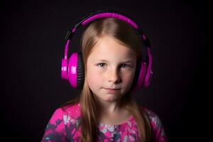 Mädchen Hören zu Musik- mit kabellos Kopfhörer Neon- Licht. neural Netzwerk ai generiert foto