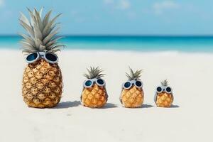 Familie von komisch attraktiv Ananas im stilvoll Sonnenbrille auf das Sand gegen Türkis Meer. tropisch Sommer- Ferien Konzept. neural Netzwerk ai generiert foto