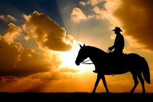 Silhouette Cowboy auf zu Pferd. neural Netzwerk ai generiert foto