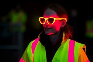 Neon- Porträt von ein Mädchen mit Brille. neural Netzwerk ai generiert foto