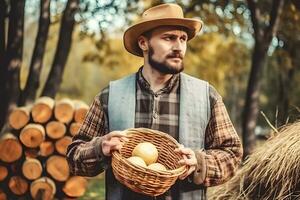 Porträt von ein Farmer mit Ernte. neural Netzwerk ai generiert foto