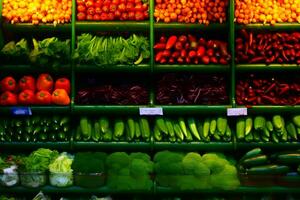 Supermarkt Vitrine mit hölzern Kisten von Gemüse. neural Netzwerk ai generiert foto