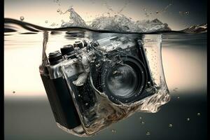 modern slr Fotoapparat fallen unter Wasser mit Wasser Spritzer. neural Netzwerk generiert Kunst foto