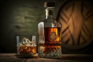 alt Whiskey Glas schließen zu Jahrgang Flasche auf hölzern Tisch. neural Netzwerk generiert Kunst foto