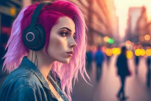 Porträt von jung Mädchen mit Rosa Haar Hören Musik- mit Kopfhörer auf Stadt Straße. neural Netzwerk generiert Kunst foto