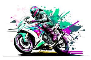 Aufkleber von Biker auf Sport Motorrad im Aquarell Stil auf Weiß Hintergrund. neural Netzwerk generiert Kunst foto