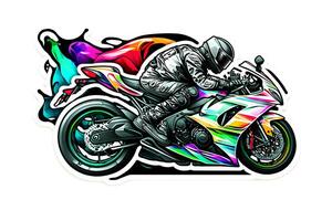 Aufkleber von Biker auf Sport Motorrad im Aquarell Stil auf Weiß Hintergrund. neural Netzwerk generiert Kunst foto