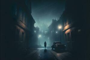 Silhouette im neblig Gasse beim Nacht Stadt Straße, Geheimnis und Grusel nebelig Stadtbild Atmosphäre. neural Netzwerk generiert Kunst foto