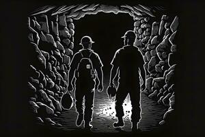 zurück Aussicht von Silhouetten von männlich Arbeitskräfte im dunkel Kohle Mine. neural Netzwerk generiert Kunst foto