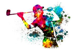 Golf Spieler mit Aquarell Regenbogen Spritzen. neural Netzwerk generiert Kunst foto