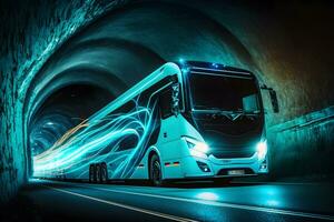 ein Neon- Coach, oder lange schleppen Bus zum Touristen fährt durch das Berg Tunnel und Straßen. neural Netzwerk generiert Kunst foto