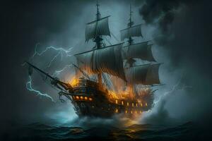 Segeln alt Schiff im Sturm Meer auf das Hintergrund Wolken mit Blitz. neural Netzwerk ai generiert foto