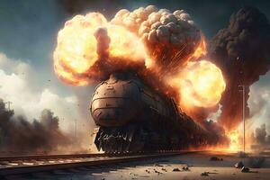 Explosion von Wagen beim das Eisenbahn Bahnhof. neural Netzwerk ai generiert foto