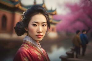 schön asiatisch Chinesisch Frau Porträt. neural Netzwerk ai generiert foto