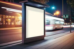 leer Werbung Licht Box auf Bus stoppen, Attrappe, Lehrmodell, Simulation von leeren Anzeige Plakatwand auf Nacht Bus Bahnhof, Vorlage Banner auf Hintergrund Stadt Straße zum Text. neural Netzwerk ai generiert foto