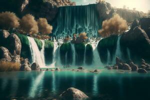 schön Landschaft mit groß Wasserfall im sonnig Sommer. neural Netzwerk generiert Kunst foto