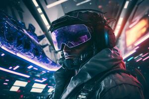 modern futuristisch Zerstörer Jet Pilot im Helm. neural Netzwerk generiert Kunst foto