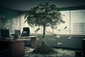 Geld Baum im das Büro. Speichern Geld und Darlehen zum Geschäft Investition Konzept. neural Netzwerk ai generiert foto