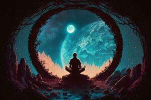 Yoga Meditation im Lotus Pose mit Aura spirituell. neural Netzwerk ai generiert foto