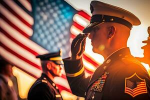Aussicht von ein Veteran salutieren das Flagge von das vereinigt Zustände. neural Netzwerk ai generiert foto
