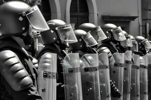 niedrig Winkel von anonym Polizei Soldaten im schützend Uniformen und Helme Stehen gegen Kader van und verteidigen durch randalieren Schilde. neural Netzwerk ai generiert foto