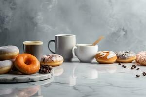 immer noch Leben mit Kaffee und Donuts. neural Netzwerk ai generiert foto