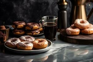 immer noch Leben mit Kaffee und Donuts. neural Netzwerk ai generiert foto