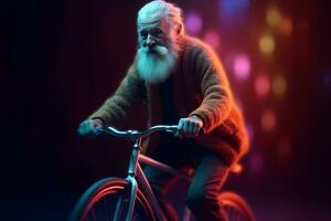 komisch heiter Großvater auf ein Fahrrad. neural Netzwerk ai generiert foto